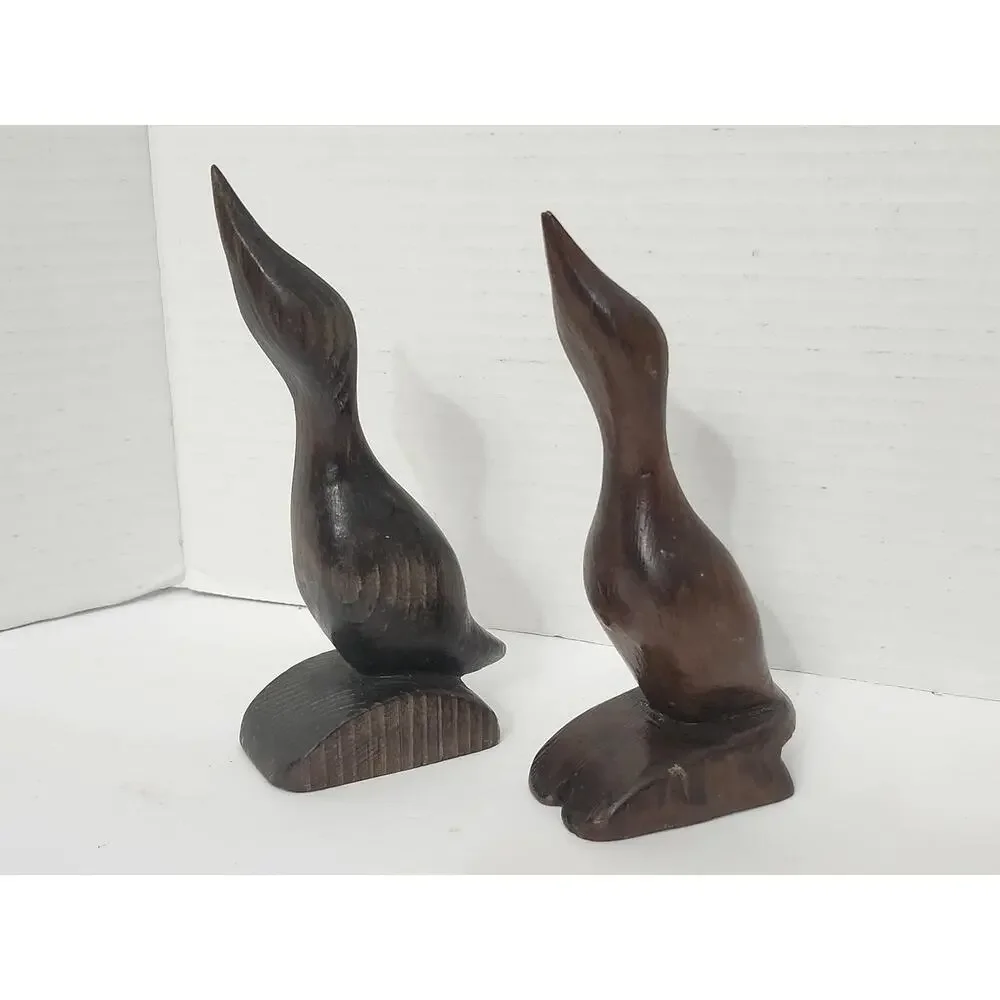 Mid Century Modern Carved Wood Bird Figurine Pair Sculpture